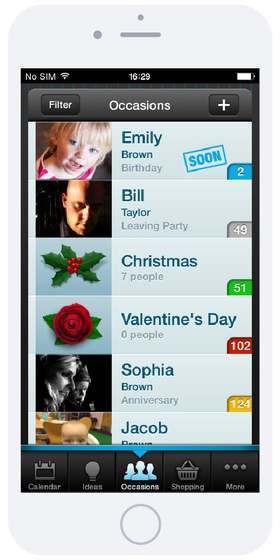 Gift Plan app occasions screenshot