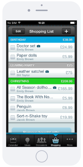 Gift Plan app shopping list screenshot
