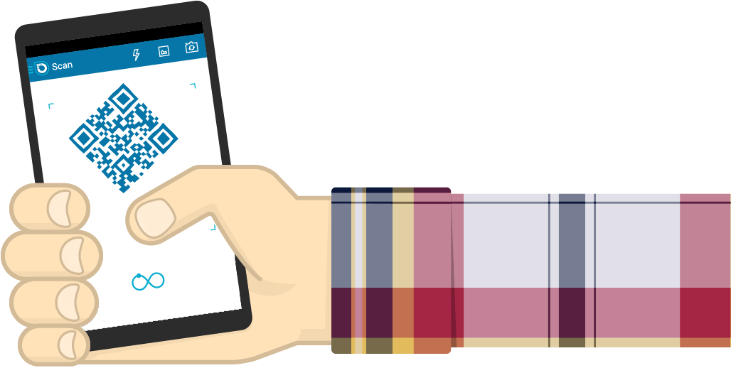 An arm, ending in a hand holding a mobile phone scanning a QR code